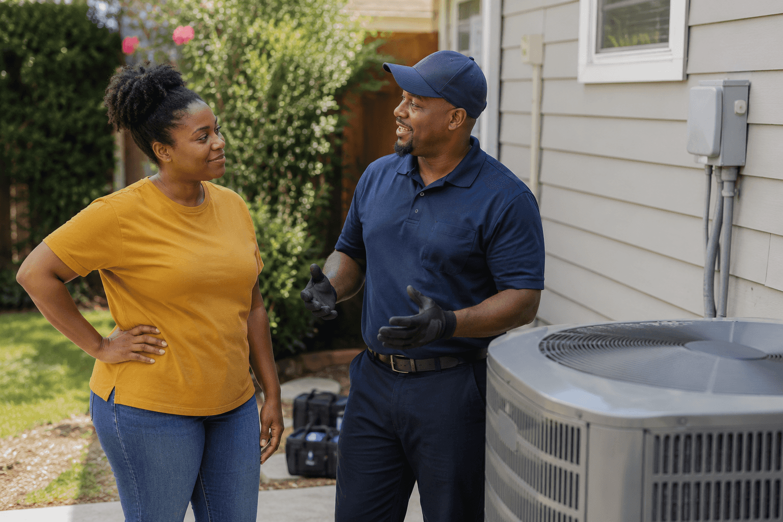 An HVAC technician discussing an AC replacement with a homeowner.