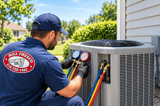 An HVAC technician inspects an outdoor air conditioning unit using a refrigerant manifold gauge set with red and blue hoses, helping ensure reliable performance.