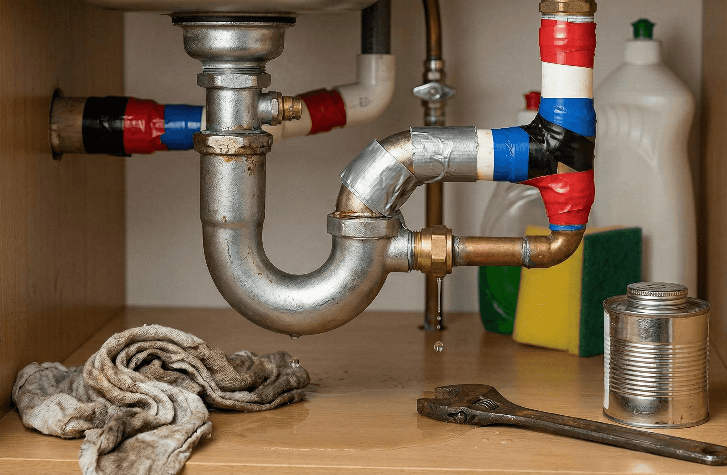 Pipes under a sink that have received DIY plumbing repairs.